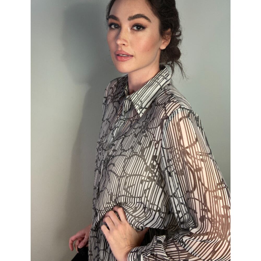Vintage Impressions Graphic Black White Floral Stripe Blouse Sheer Y2K 90s ~Sz M